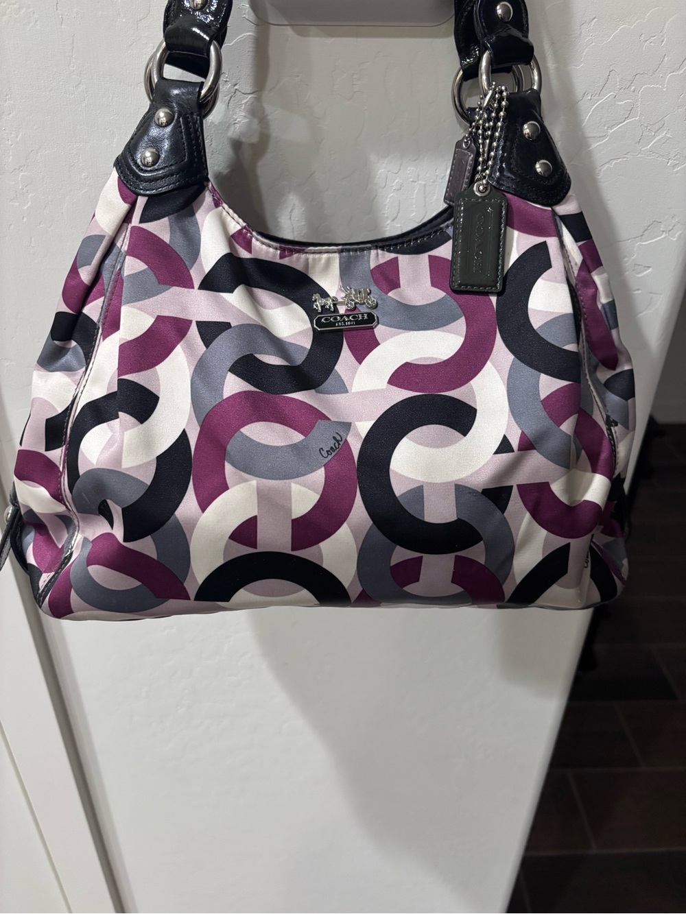 Coach Multicolor Signature 'C' Print Shoulder Bag in Plum, Black & Gray